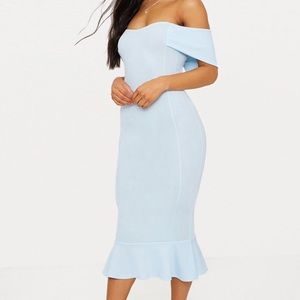 BLUE BARDOT FRILL HEM MIDI DRESS